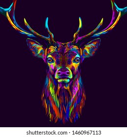 
Deer. Abstract, neon, multi-colored portrait of a deer's head on a dark purple background.