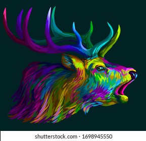 Deer. Abstract, neon, multi-colored portrait of a roaring deer on a dark green background.