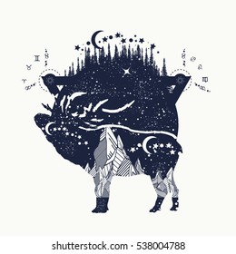 Deer against the background of mountains, tattoo. Reindeer in the night wood t-shirt design. Adventure, travel, outdoors, symbol tattoo boho style 