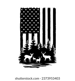 Bandera de ciervos y norteamericanos, bandera norteamericana con ciervo, ciervo cazador en el bosque, angustiada bandera norteamericana, bandera estadounidense con ilustración vectorial de caza de venados