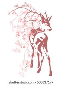 deer among pink blooming branches - vector spring season design