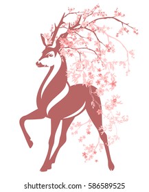 deer among pink flower branches - spring season blossom vector design