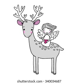 Deer and the angel. Hand drawn vector illustration on a white background.