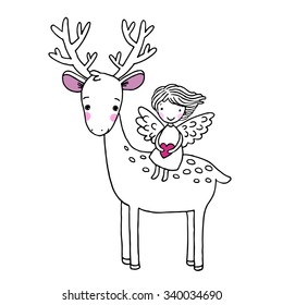 Deer and the angel. Hand drawn vector illustration on a white background.