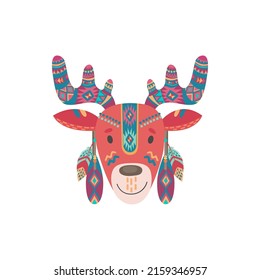 Deer animal face mask with feathers and aztec ornaments isolated horned reindeer animal head with native american indian traditional decorations, tribal headdress cartoon icon. Carnival party headband