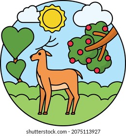 Deer Animal in Forest Concept, Reindeer in Forest with Sky and cloud Vector Icon Design, Nature Love Symbol, Artistic landforms Scene Sign, Heart in nature Stock illustration, Beautiful Landscape View