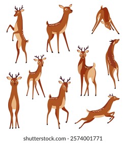 Deer animal icon set. Cute spotted forest deer. Wild nature creatures concept. Horny reindeer and spotted roe in various poses vector illustration