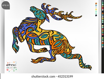 Deer. Animal patterns with hand-drawn doodle waves and lines. Vector illustration in bright colors.