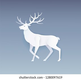 Deer animal silhouette, papercut horned reindeer isolated vector. Engraved wildlife character with horns, Christmas elk, New Year greeting card