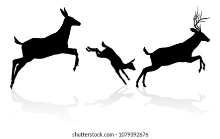 Deer animal silhouettes. Fawn, doe and buck stag running and jumping together