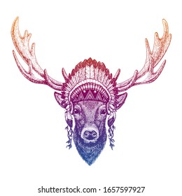 Deer. Animal. Vector portrait in traditional indian headdress with feathers. Tribal style illustration for little children clothes. Image for kids tee fashion, posters.