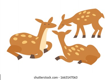 Deer animals vector illustration. Standing and seating deer. rown whild animals drawing set in cartoon style. Isolated icon on white background 