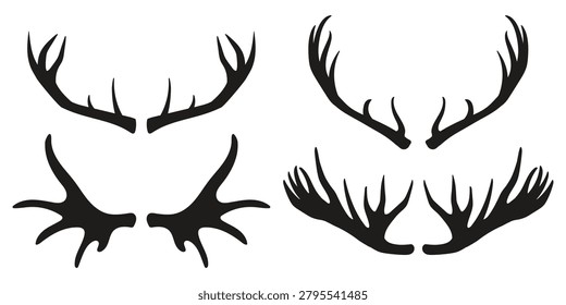 Deer antler collection. Hunting trophy horn silhouettes flat vector illustration set. Wildlife and outdoor design elements