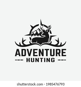 Deer Antler Compass Mountain for Adventure Outdoor Hiking Camping Hunting Sport Gear Business Brand Community Club Classic Unique Hipster Retro Rustic Vintage Silhouette Badge Logo Design Template.