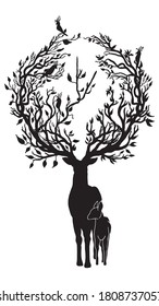 Deer and antler design for branch   with illustration for logo and tattoo vector with white isolate background