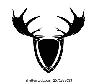 deer antler and empty metal shield - copy space coat of arms with two animal horns hunting trophy