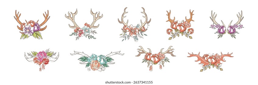 Deer Antler with Flower Bud Decoration Vector Set