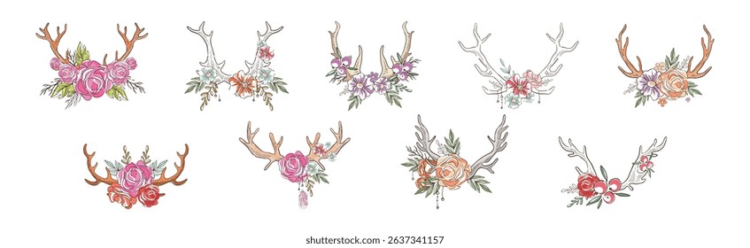 Deer Antler with Flower Bud Decoration Vector Set