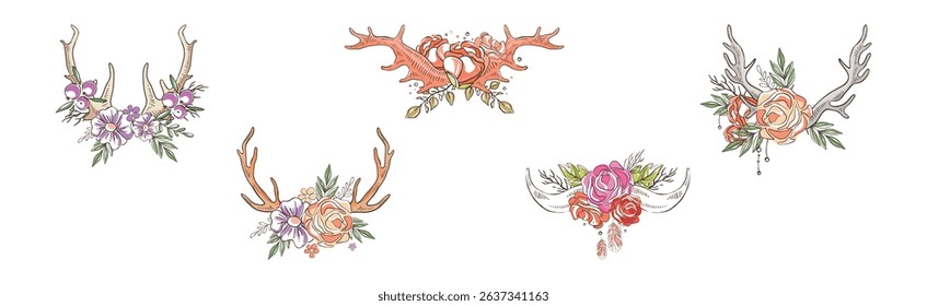 Deer Antler with Flower Bud Decoration Vector Set