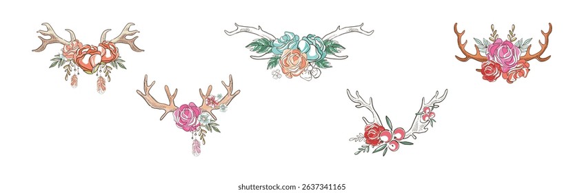 Deer Antler with Flower Bud Decoration Vector Set
