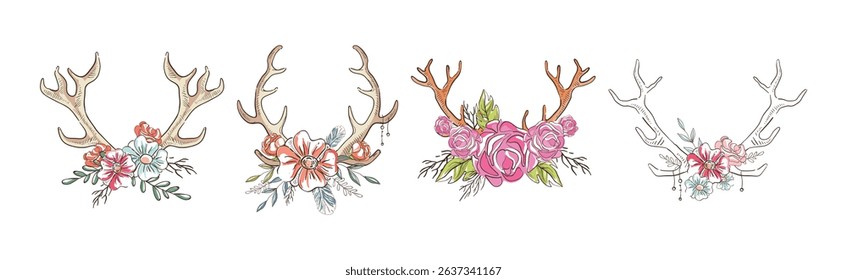 Deer Antler with Flower Bud Decoration Vector Set