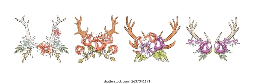 Deer Antler with Flower Bud Decoration Vector Set