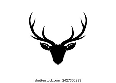 Silueta de diseño del logotipo de la cabeza de cornamenta de ciervo, símbolo del icono de la vida silvestre animal al aire libre.