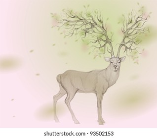 DEER with Antler like TREE in BLOOM / Spring background