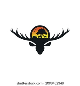 deer antler logo and evening view, deer habitat, using EPS 10