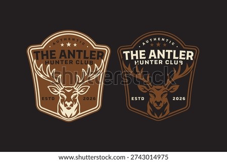 Deer antler retro badge logo design set for hunter club. stag antler vintage patch symbol pack for adventure. Wildlife deer crest rustic emblem element for outdoor sport