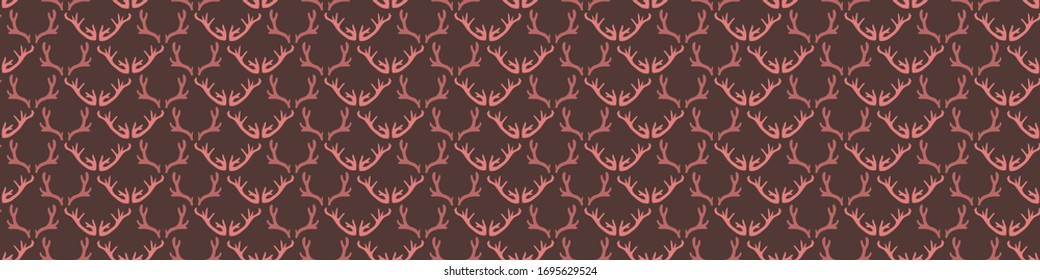 Deer antler seamless border pattern. Ditzy natural brown flat color banner background.  Childish hand drawn forest animal horn doodle style ribbon trim. For woodland textile, rustic nature washi tape.