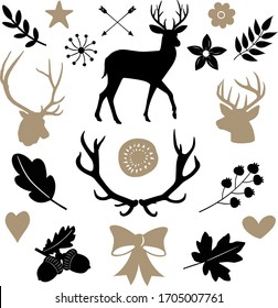 Deer and antler silhouettes, forest feeling elements, vector clipart elements, black and gold colours