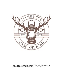 Deer Antler And Storm Lamp Illustration, Logo Template For Camp Ground.