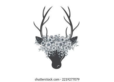 Deer antler vector. Illustration of deer head and antlers with flower decoration for Christmas background