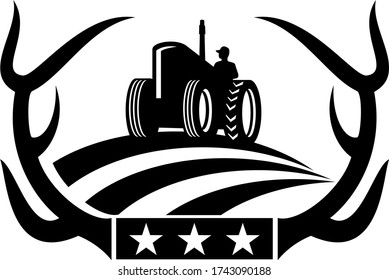 Deer Antler and Vintage Farm Tractor on American Flag Retro Black and White