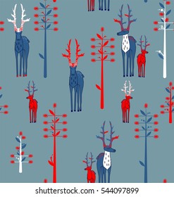 The deer antlered and fantasy trees in blue, white, red a seamless pattern on a light gray background.
