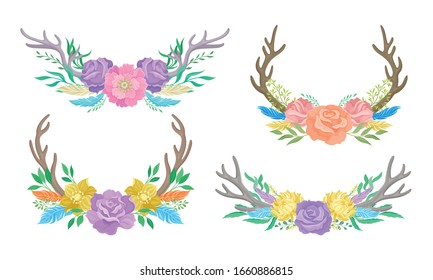Deer Antlers Arranged with Showy Flower Buds and Tender Feathers Vector Set