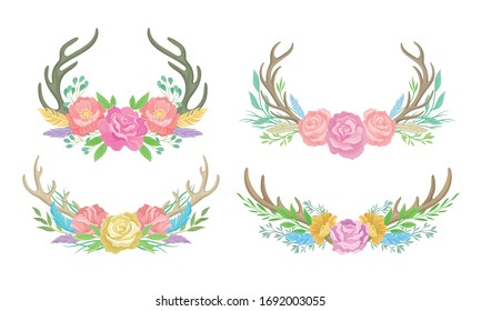 Deer Antlers Arranged with Showy Flower Buds and Tender Feathers Vector Set