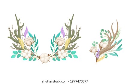 Deer Antlers Arranged with Tender Cotton Flowers and Green Twigs Vector Set