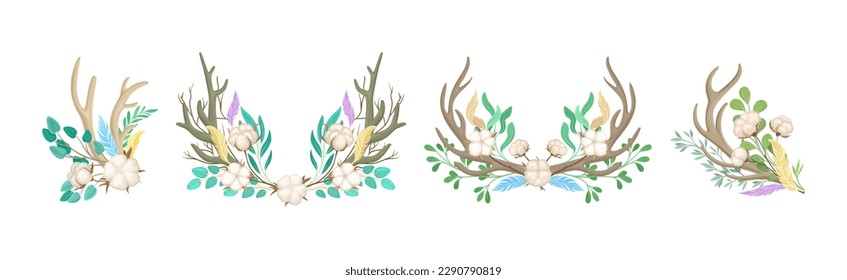 Deer Antlers Arranged with Tender Cotton Flowers and Green Twigs Vector Set