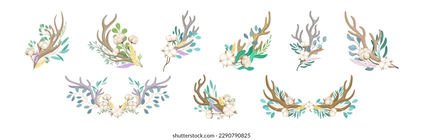 Deer Antlers Arranged with Tender Cotton Flowers and Green Twigs Vector Set