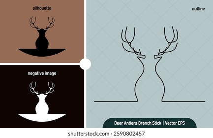 Deer Antlers Branch Stick ornament vector illustration in 3 style flat icon, Outline, Silhouette, and Negative Image. Animal creative art design element for decoration an education purpose.