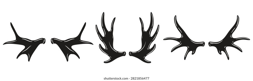Deer antlers collection. Cartoon moose and stag antler silhouettes in different shapes flat vector illustration set. Hunting wildlife symbols isolated on white background