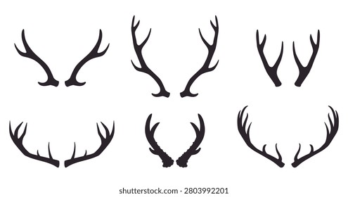 Deer antlers collection. Different stag antler silhouettes flat vector illustration set. Hunting trophy design elements isolated on white background