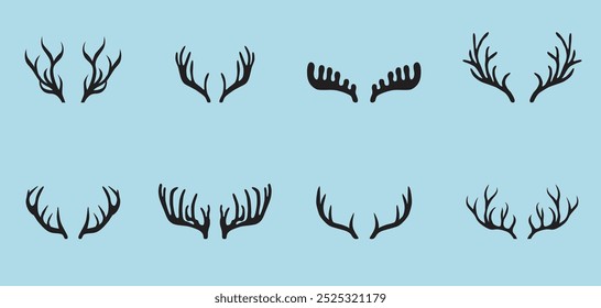 Deer antlers collection isolated on blue background.  Reindeer horns set. Christmas design elements. Vector Xmas and winter holidays symbol. 