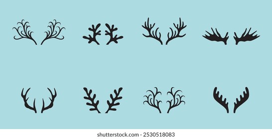Deer antlers collection isolated on blue background.  Reindeer horns set. Christmas design elements. Vector Xmas and winter holidays symbol. 