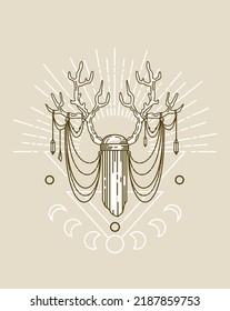 Hirschantler, Kristall, Sonnenstrahlen, Mondphasen. Vektorgrafik im ethnischen Stil. Halloween, Magie, Hexerei, Astrologie, Mystik. Für Logos, Poster, Karten, Banner, Stoffdruck, Tätowierungsdesign