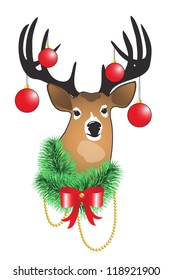 Deer antlers are decorated with Christmas balls