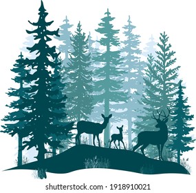 Venado con corbatas, perro, gorrón posando en un bosque mágico y neblinoso. Ilustración de siluetas. Árboles de coníferas.