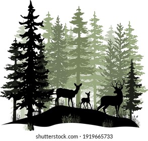 Venado con corbatas, perro, gorrón posando en un bosque mágico y neblinoso. Ilustración de siluetas. Árboles de coníferas.